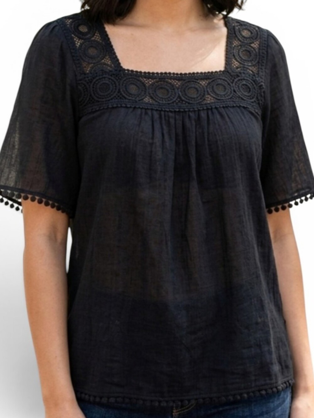 RICKI’S Black Crochet Lace Square Neck Boho Blouse Circle Trim Size L